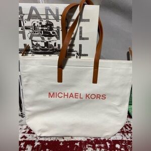 NWOT Michael Kors White Canvas Tote, With Brown Trim and Coral Color Inside